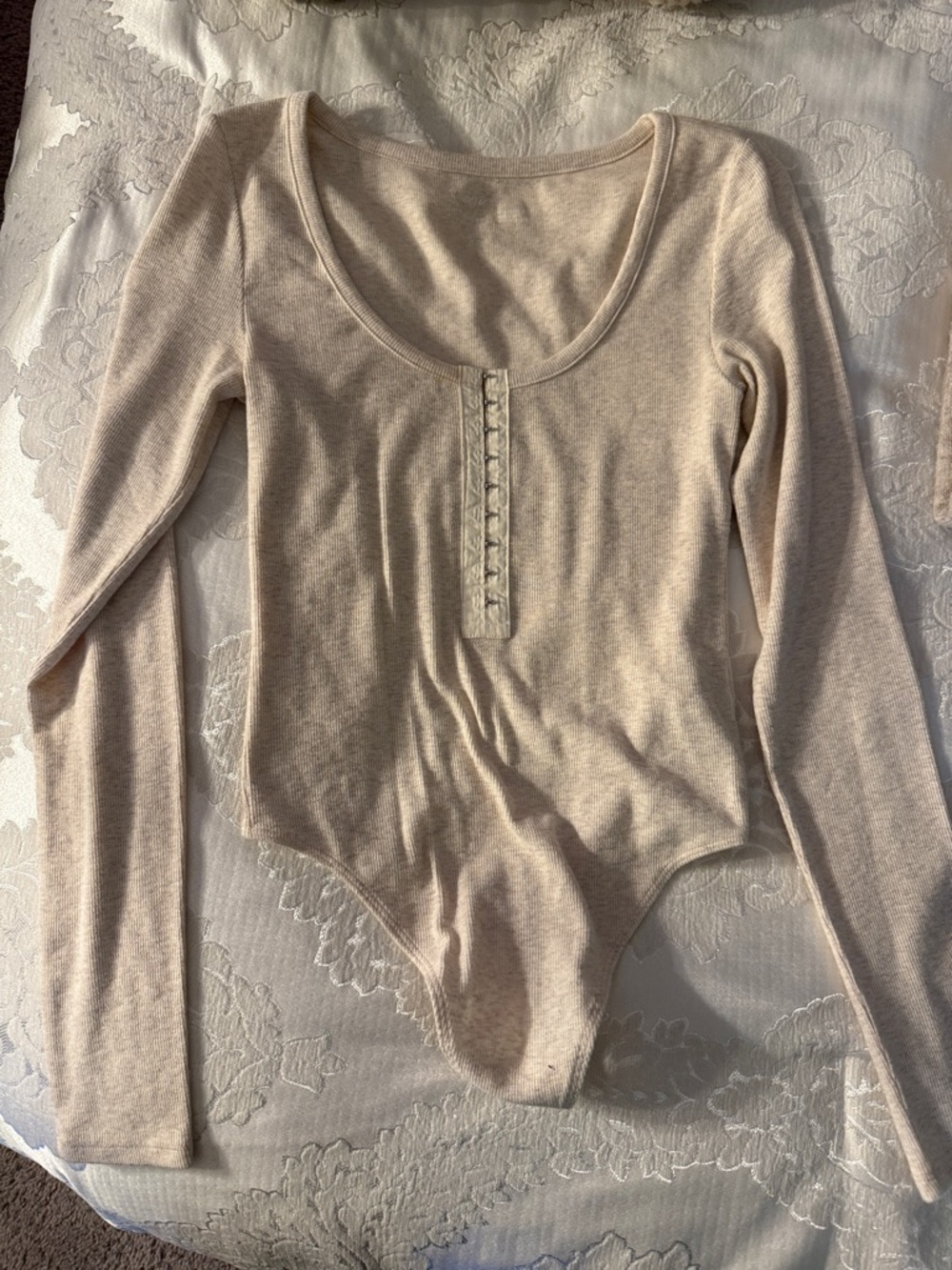 aerie Long Sleeve Scoop Neck Bodysuit in Light Beige